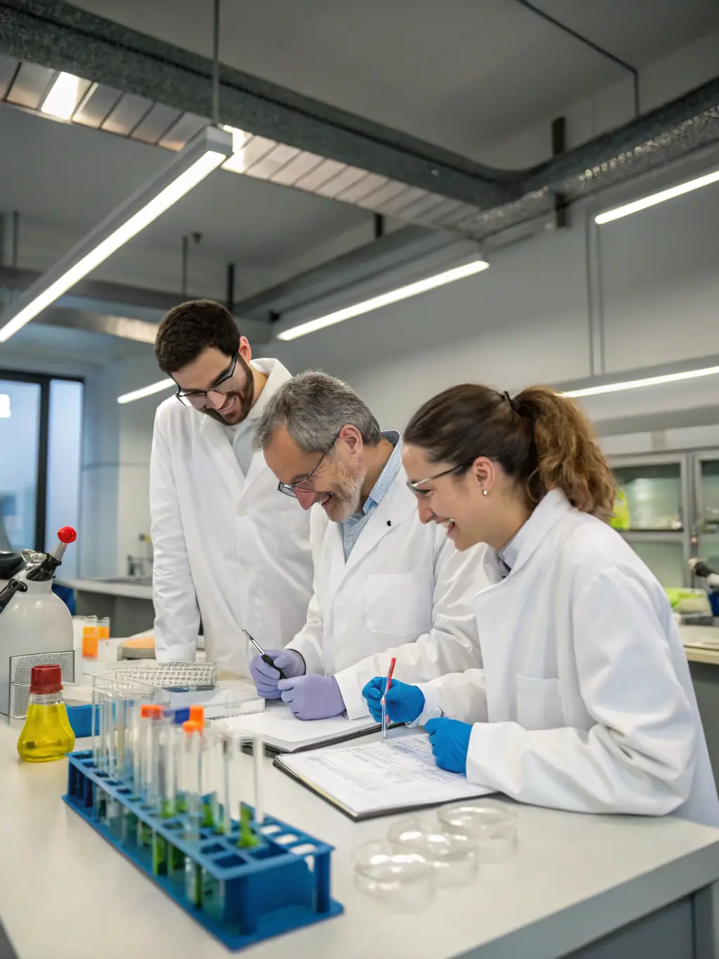 An image of professionals in a lab setting, conducting tests and adhering to safety standards, representing ISO 17025 accreditation.