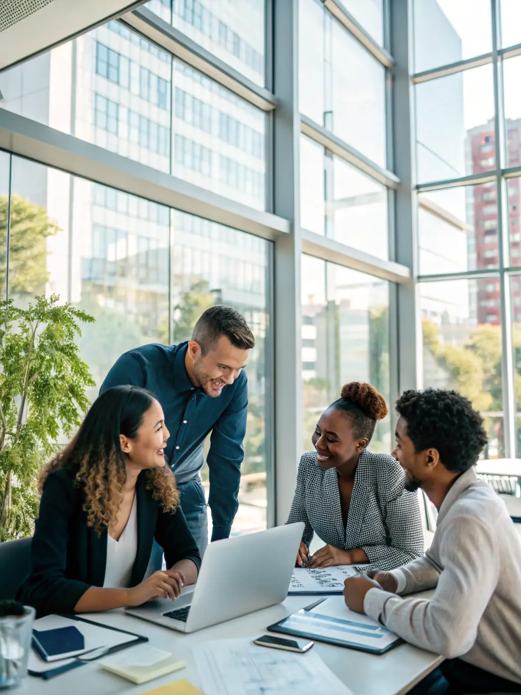 A diverse group of employees collaborating in a modern office environment, symbolizing the importance of ethical practices and compliance.
