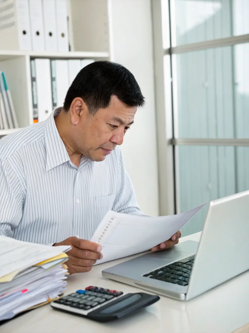 A professional photo of a auditor reviewing documents in a well-lit office, symbolizing meticulous assessment.
