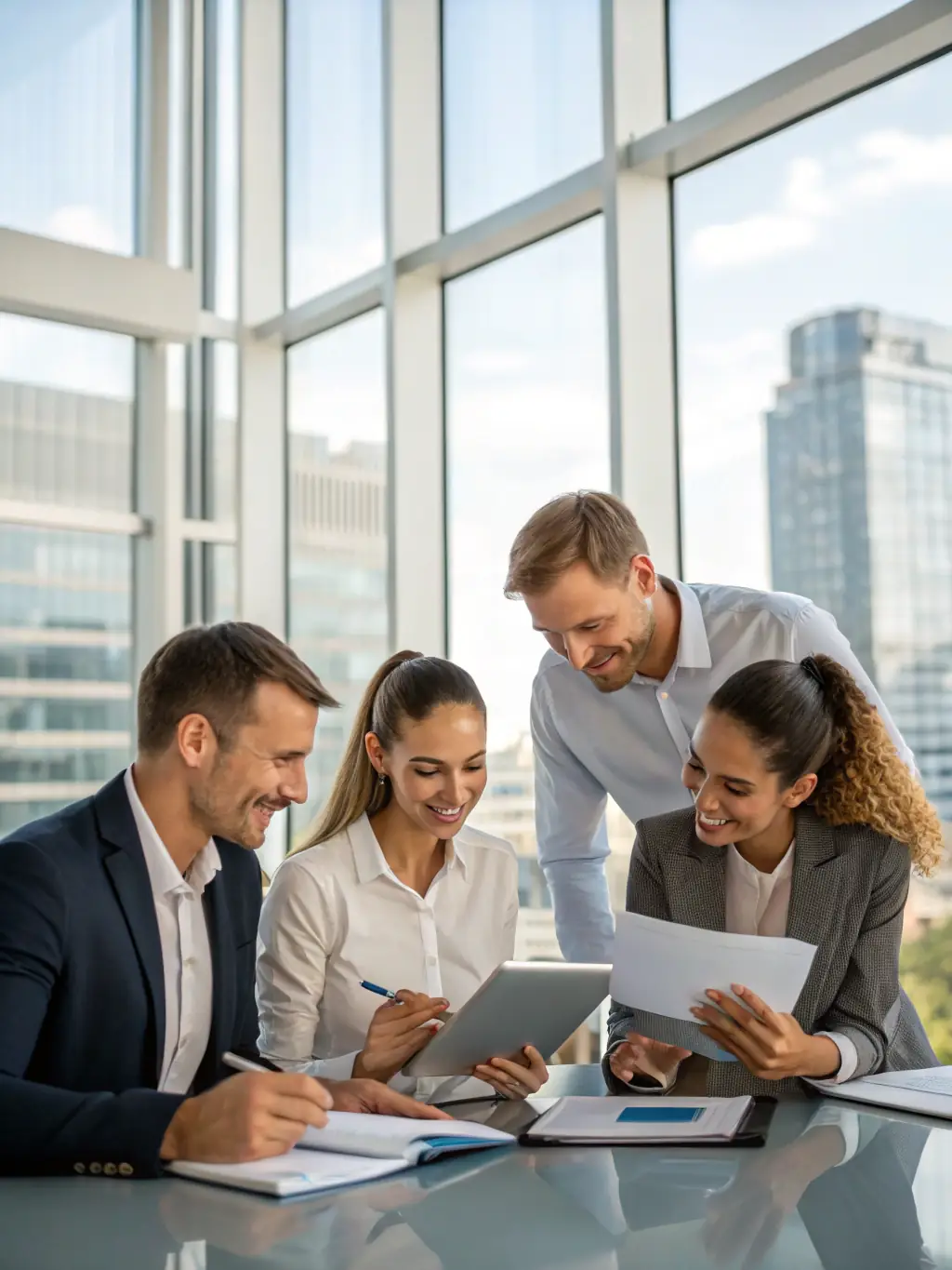 A diverse team collaborating in a modern office, representing the collaborative nature of accreditation processes.